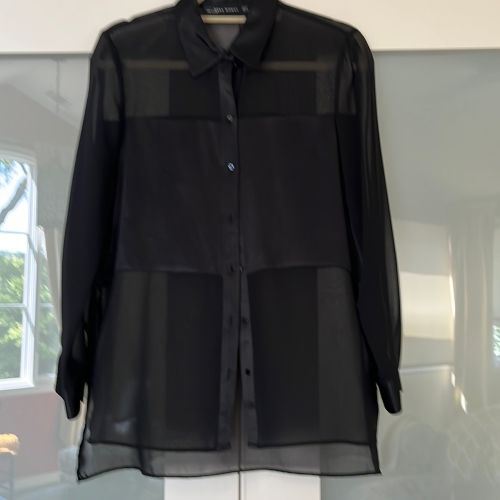 Zara Woman Black Silky-Satin Panel Tunic Blouse